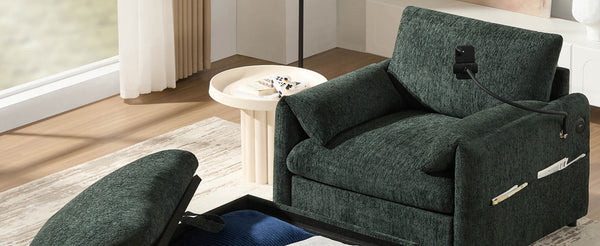 English Elm 37" Oversized Chenille Armchair with Ottoman Usb Charging Pocket Spring Living Room Green N723P387145F