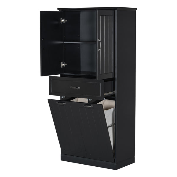 English Elm Christopher Knight Home® - Bathroom Storage Cabinet with Doors Drawer & Dual Laundry Baskets, MDF Build, Adjustable Shelf, Anti-Tip Device Black N759P243350B