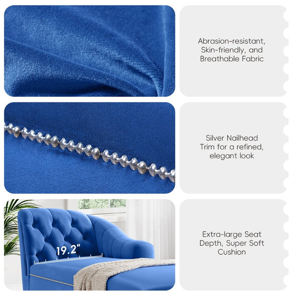 English Elm 58'' Velvet Chaise Lounge Tufted Right Arm Sleeper with Nailhead Trim Turned Wood Legs N723P431292C
