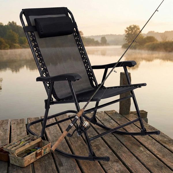 English Elm Patio Folding Rocking Chairs Set of 2 with Mesh Seat and Adjustable Headrest W5159P451092