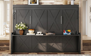 English Elm Queen Murphy Bed with Fold Down Desk Led Lighting and Usb Port for Home Office Dark Gray W1580S00457