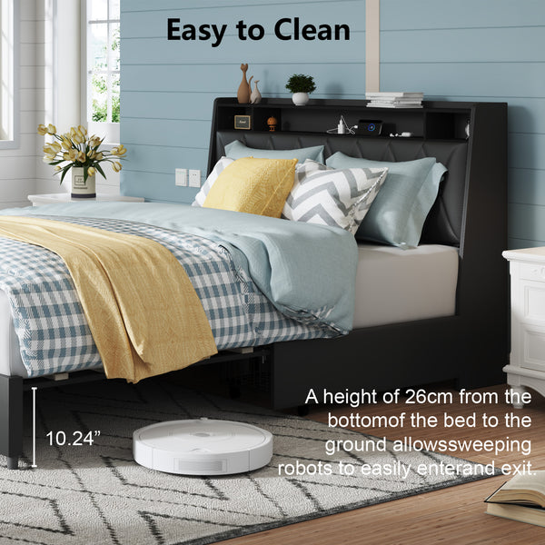 English Elm Queen Ergonomic Headboard Bed Frame with Built-In Charger & Outlets, Metal Platform with Shelf Black W3107P262752