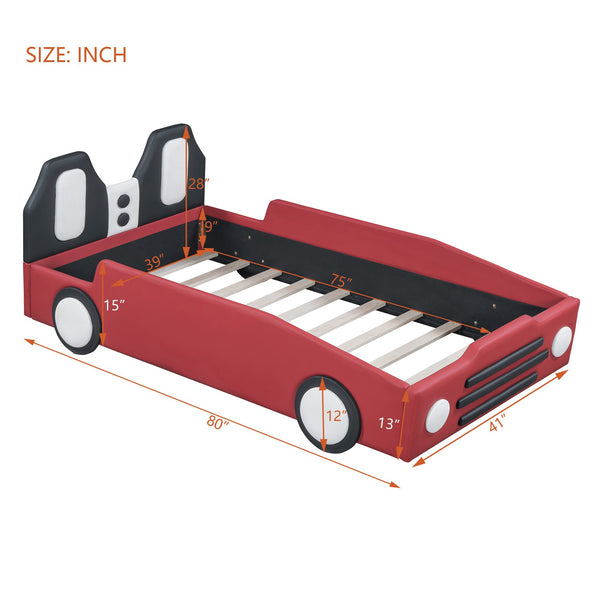 English Elm Twin Race Car Platform Bed with Wheels for Kids — Sturdy PU Leather Frame, Safety Rails, 250lb Capacity Red SF000128AAJ