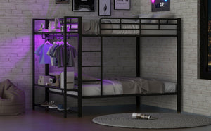 English Elm Full Size Metal Bunk Bed With Led Lighting, Storage Shelves & Hooks - Stylish Space Saver For Teens N7090000667B