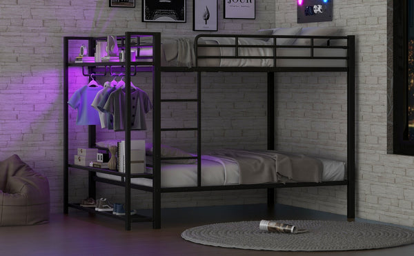 English Elm Full Size Metal Bunk Bed With Led Lighting, Storage Shelves & Hooks - Stylish Space Saver For Teens N7090000667B