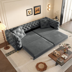 English Elm 97.6" Oversized Velvet Chesterfield Sleeper Sofa Floral Tufted Roll Arm Living Room Couch Dark Grey W1885S00411