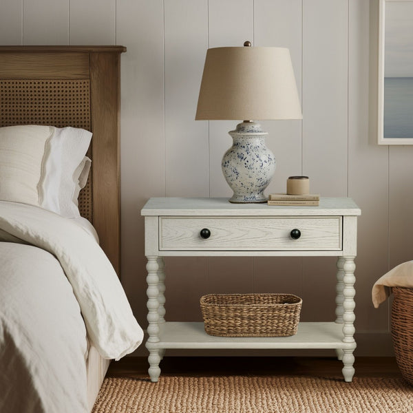 English Elm Large Cottage Nightstand with Spindle Legs Open Shelf and Drawer for King Beds Antique Cream B035P408397