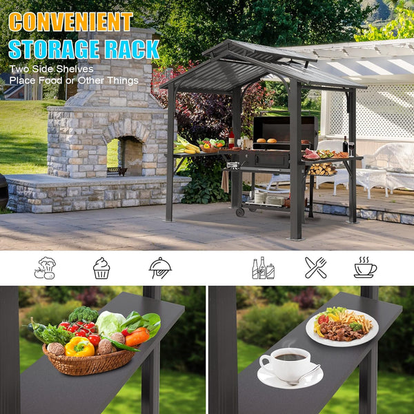 English Elm 8×5FT Hardtop Grill Gazebo with Galvanized Steel Double Roof, Stable Frame, Shelves, Hook, Opener Grey W1859S00102