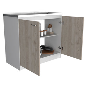 English Elm Freestanding Sink Cabinet With Double Doors, Two Adjustable Shelves, White & Light Gray Finish B097S00139
