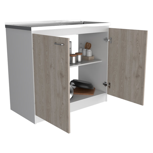 English Elm Freestanding Sink Cabinet With Double Doors, Two Adjustable Shelves, White & Light Gray Finish B097S00139