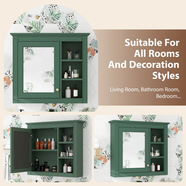 English Elm 30'' Modern Medicine Cabinet Wall Mirror with Hidden Storage and Adjustable Open Shelves for Bath Green WF318452AAF