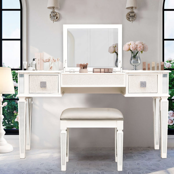 English Elm Mirrored Vanity Desk with Drawers and Flip-Up Mirror, Silver PU Stool, Crystal Knobs, Storage Elegance W2170P209976