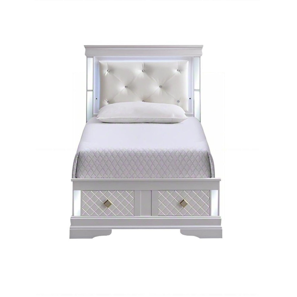 English Elm Verona Twin Bed With Jeweled Headboard, Led Lighting & Storage Drawers - Elegant Pearl White Design B078S00643-GIGA