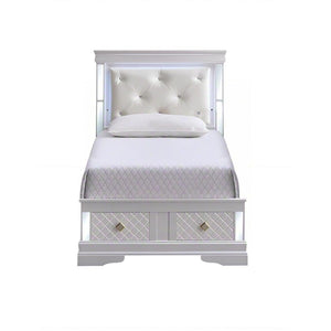 English Elm Verona Twin Bed With Jeweled Headboard, Led Lighting & Storage Drawers - Elegant Pearl White Design B078S00643-GIGA
