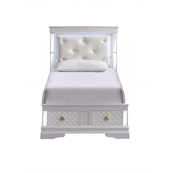 English Elm Verona Twin Bed With Jeweled Headboard, Led Lighting & Storage Drawers - Elegant Pearl White Design B078S00643-GIGA