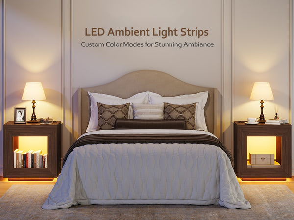 English Elm Rustic Wood End Table With Led Lighting & Integrated Power Hub - Stylish 2-Tier Storage Solution W1550P330032-GIGA