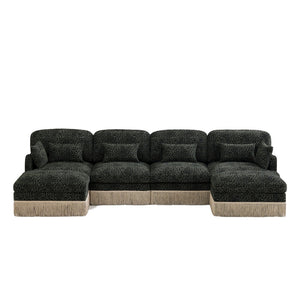 English Elm 131"comfy Chenille Leopard Print U-shaped Sectional with Tassel Trim and Modular Ottomans Green W5656S00036