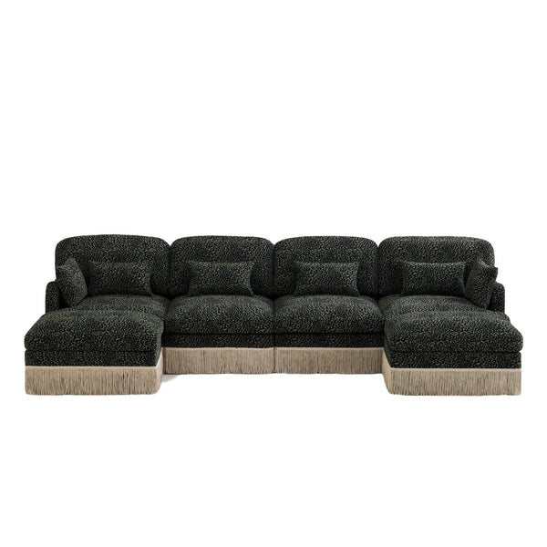 English Elm 131"comfy Chenille Leopard Print U-shaped Sectional with Tassel Trim and Modular Ottomans Green W5656S00036