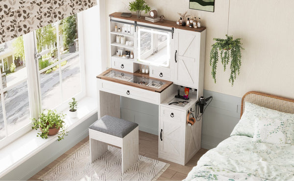 English Elm Farmhouse LED Vanity Desk with Sliding Mirror, Glass Top Storage, Built-In Charging Station & Stool White 37 L x 18.5 W x 13 H N733P340562K