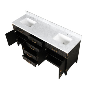 English Elm Black Oak Double Bath Vanity 72" W X 22" D With Luxurious Carrara Marble Top & Ample Storage Solutions B2731P260948