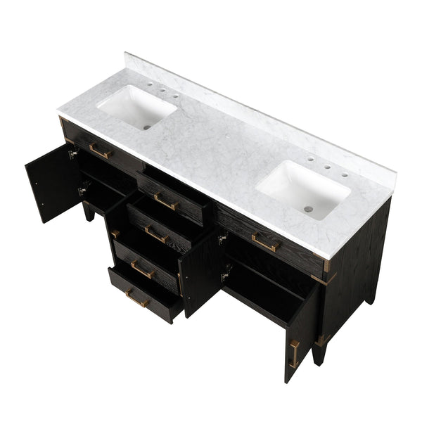 English Elm Black Oak Double Bath Vanity 72" W X 22" D With Luxurious Carrara Marble Top & Ample Storage Solutions B2731P260948
