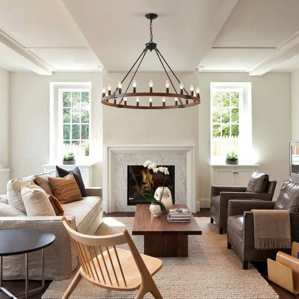 English Elm 39.3 Inch Wood Wagon Wheel Chandelier with Seeded Glass Shades 20-light Farmhouse W5008P464781