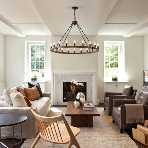 English Elm 39.3 Inch Wood Wagon Wheel Chandelier with Seeded Glass Shades 20-light Farmhouse W5008P464781