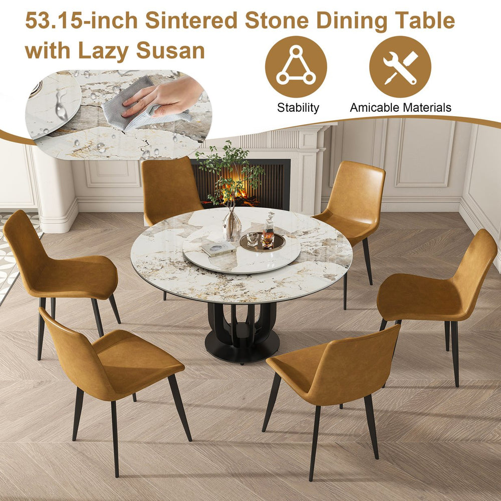 English Elm 53" Round Sintered Stone Dining Table With Lazy Susan & Carbon Steel Base - Modern Kitchen Elegance W2699S00042