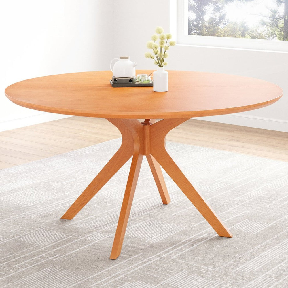 English Elm 47" Round Wood Dining Table Seats Six with Industrial Metal Base for Modern Homes Honey T3623P437349