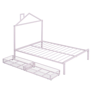 English Elm Full Metal Platform Bed with House-Style Headboard, Two Smooth Storage Drawers, Sturdy 350lb Capacity Pink MF320571AAH