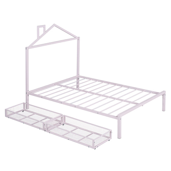 English Elm Full Metal Platform Bed with House-Style Headboard, Two Smooth Storage Drawers, Sturdy 350lb Capacity Pink MF320571AAH