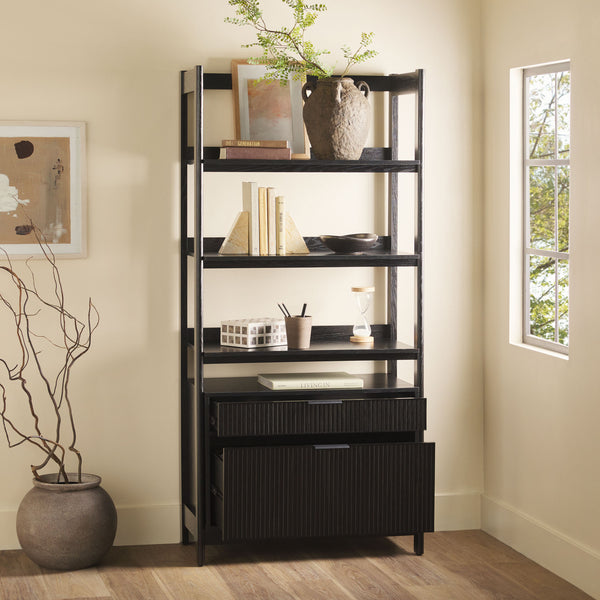 English Elm Walker Edison - Transitional Wide Reeded Bookshelf with Drawers on Bottom for Home Office, Spacious Shelving & Storage Black 75.25 L x 20.63 W x 7 H B185P200187
