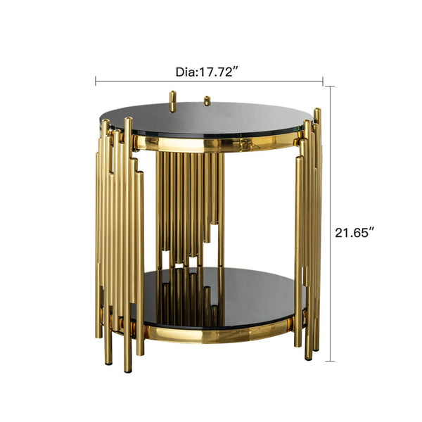 English Elm Luxury Two Tier Round Side Table Black Tempered Glass Gold Steel Wave Frame Glam W2723P252342