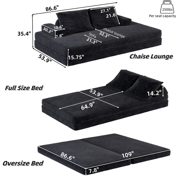 English Elm 86.6"Multifunctional Folding Sofa Bed with Chaise, Fluffy Chenille, Removable Backs & Pillows, Deep Seat Lounge DARK GREY W3219P340667