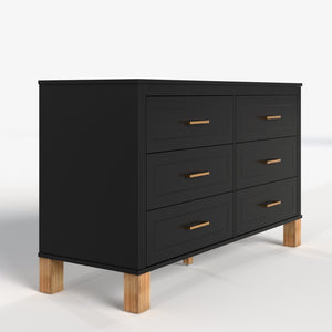 English Elm 6-drawer Double Dresser Solid Wood Legs Mid-century Modern Bedroom Storage Cabinet Black W1445S00006