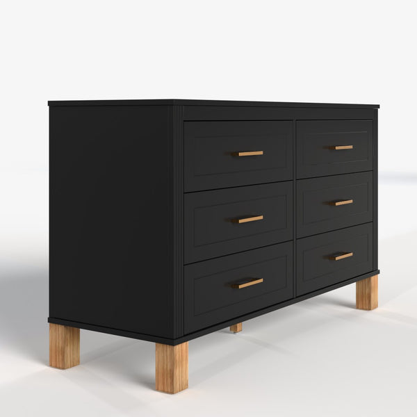 English Elm 6-drawer Double Dresser Solid Wood Legs Mid-century Modern Bedroom Storage Cabinet Black W1445S00006