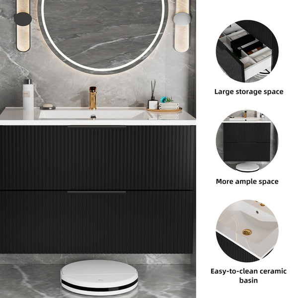 English Elm 36 Floating Bathroom Vanity with Ceramic Sink, Wall-Mounted 36" Modern Fluted Cabinet with Quiet Drawers Matte Black 38.18 L x 22.83 W x 7.48 H W3520S00003