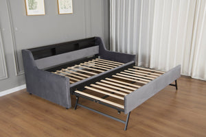 English Elm Twin Size Daybed With Trundle, Plush Velvet Upholstery, Led Lights & Charging Station For Modern Spaces W1670S00026-GIGA