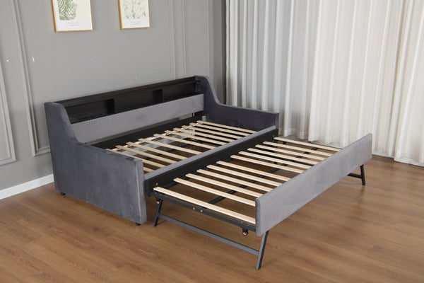 English Elm Twin Size Daybed With Trundle, Plush Velvet Upholstery, Led Lights & Charging Station For Modern Spaces W1670S00026-GIGA