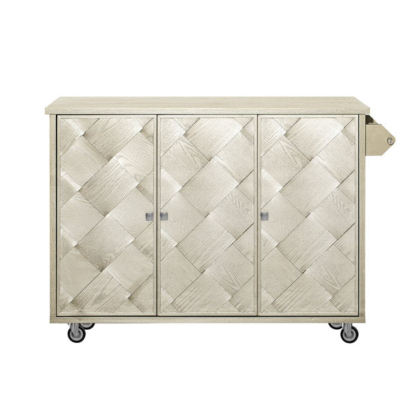 English Elm K&K Farmhouse Kitchen Island with 3D Wave Stripes Ash Veneer, Drop Leaf, Rolling Cart Storage Champagne N707P207916X