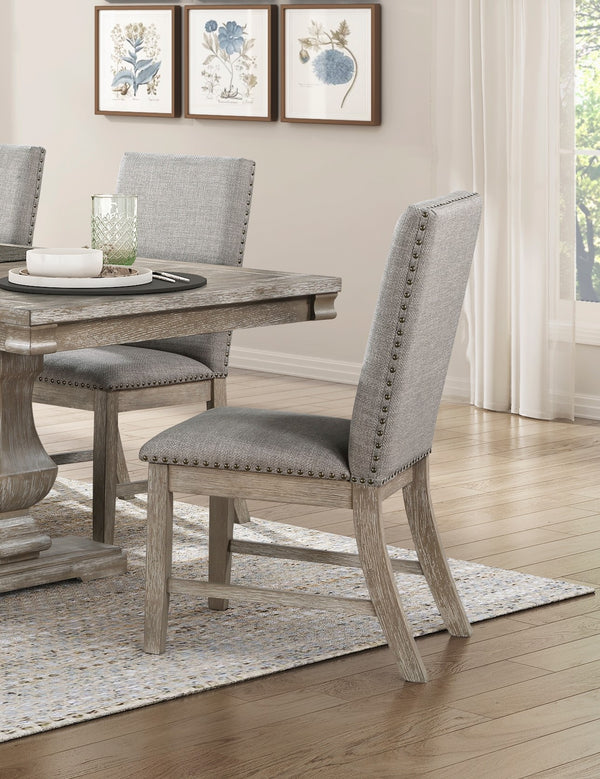 English Elm Set of 2 Southlake Side Chairs Linen Upholstered Back Nailhead Trim Brown‑Gray Wire‑Brushed Oak Finish B011P239562