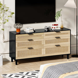 English Elm 59" Rattan Dresser with 6 Spacious Drawers, Stylish Woven Texture, Metal Handles & Wood Legs for Bedroom Black W757P209512
