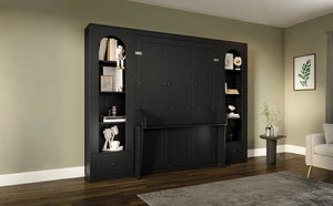 English Elm Queen Murphy Platform Bed with Foldaway Cabinet, Built-In LED, Side Cabinets & Drawers for Small Spaces Black N7090002226B