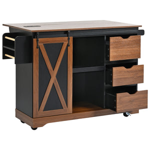 English Elm K&K 55.5" Farmhouse Kitchen Island with Sliding Barn Door, Drop Leaf, Charging Station, Wheels Black N707P288229B