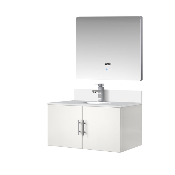English Elm Glossy White Bath Vanity Set With Cultured Marble Top, Chrome Faucet & Led Mirror – Stylish & Durable B2731S01317