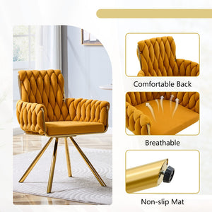 English Elm Set of 2 Velvet Upholstered Dining Chairs Braided Rope Back Glam Metal Legs Gold,Yellow W3875P383935