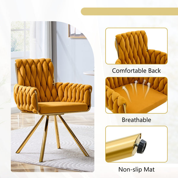 English Elm Set of 2 Velvet Upholstered Dining Chairs Braided Rope Back Glam Metal Legs Gold,Yellow W3875P383935