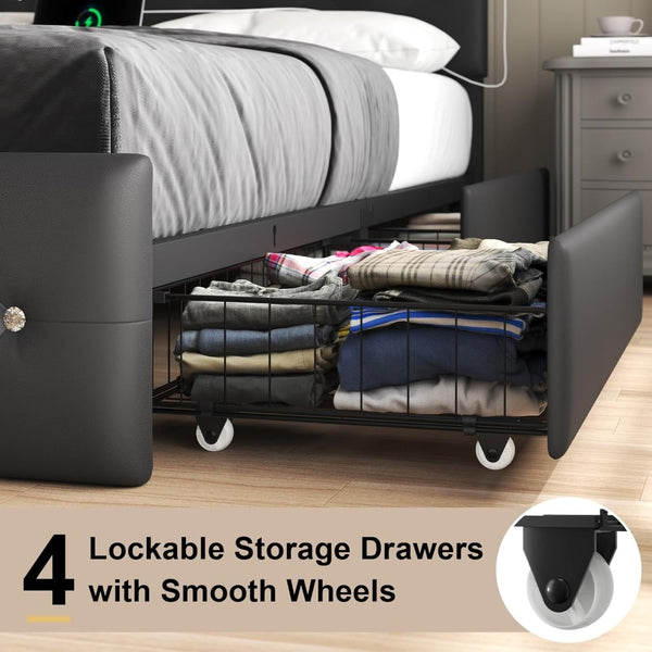 English Elm Full Size Pu Leather Storage Bed with Rgb Led Headboard and Charging Station Black W5722P462440