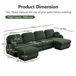 English Elm 137" Oversized U-shaped Chenille Sectional with Ottoman Quilted Cushions for Spacious Living Green W714S01773