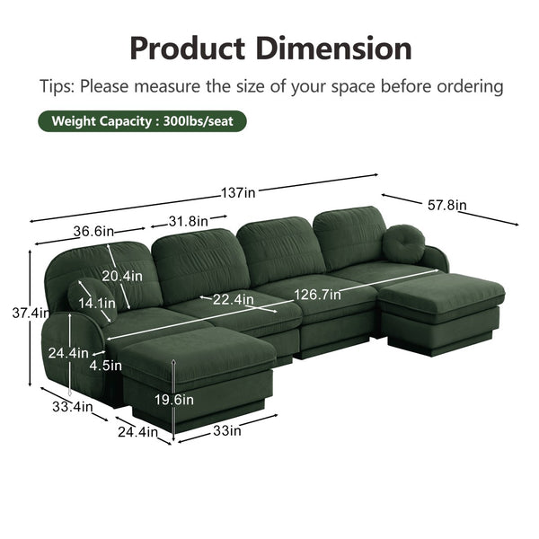 English Elm 137" Oversized U-shaped Chenille Sectional with Ottoman Quilted Cushions for Spacious Living Green W714S01773
